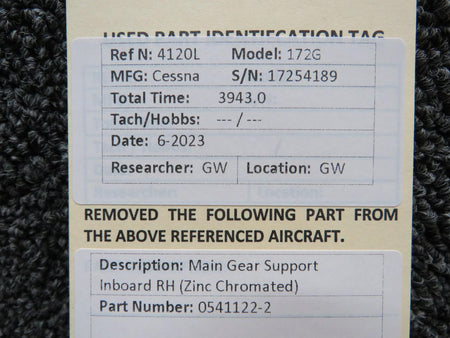 Cessna Aircraft Parts 0541122-2 Cessna 172G Main Gear Support Inboard RH (Zinc Chromated)