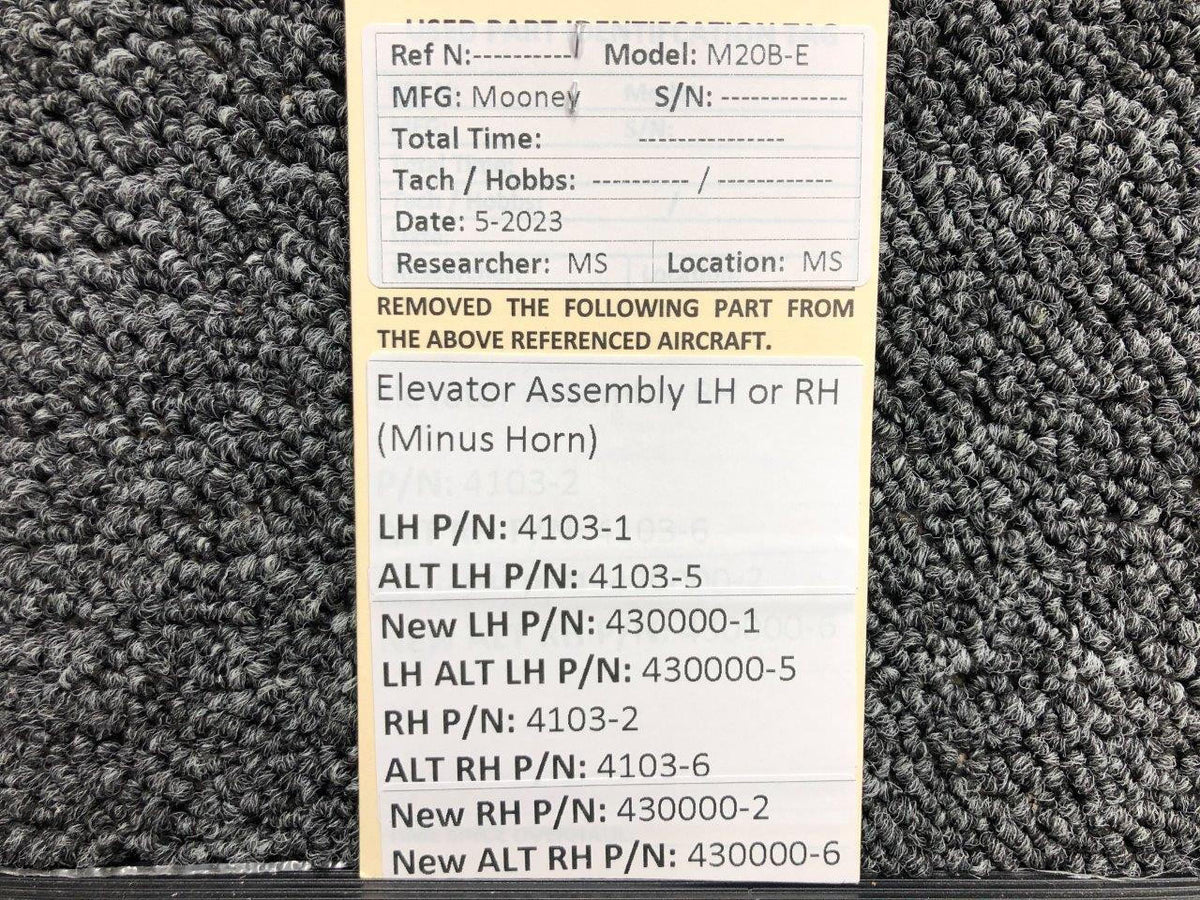 Mooney Aircraft Parts & Accessories 4103-1, 4103-2 Mooney M20B-E Elevator Assembly LH or RH