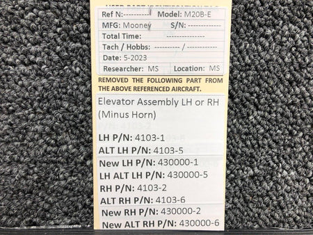 Mooney Aircraft Parts & Accessories 4103-1, 4103-2 Mooney M20B-E Elevator Assembly LH or RH