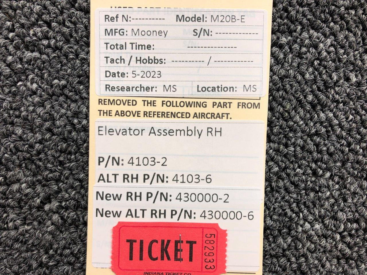 Mooney Aircraft Parts & Accessories 4103-2 (Alt: 4103-6) Mooney M20B-E Elevator Assembly RH (Minor Corrosion)