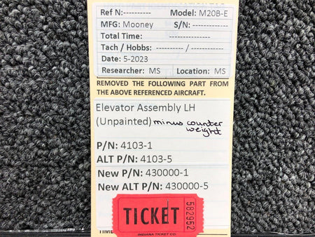 Mooney Aircraft Parts & Accessories 4103-1 (Alt: 430000-1) Mooney M20B-E Elevator Assembly LH (Unpainted)