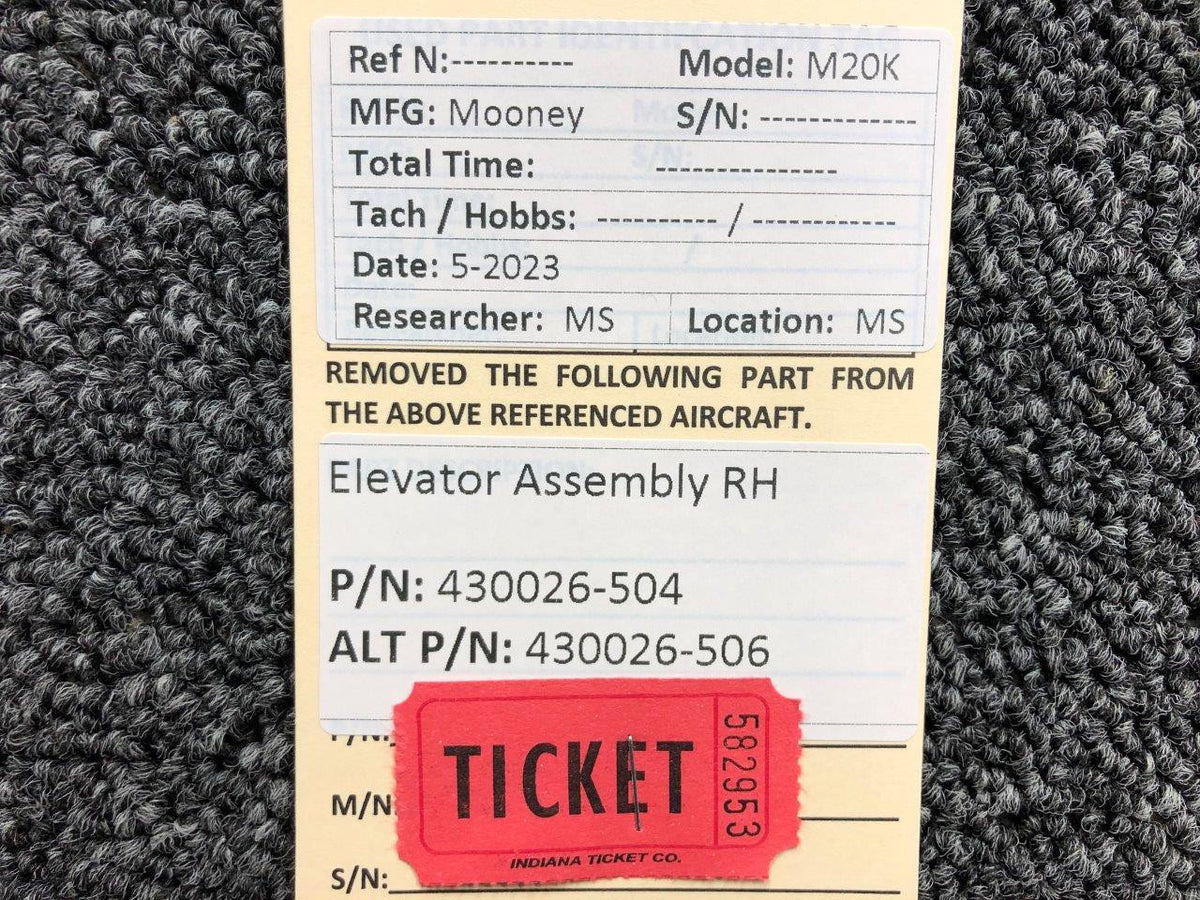 Mooney Aircraft Parts & Accessories 430026-504 (Alt: 430026-506) Mooney M20K Elevator Assembly RH