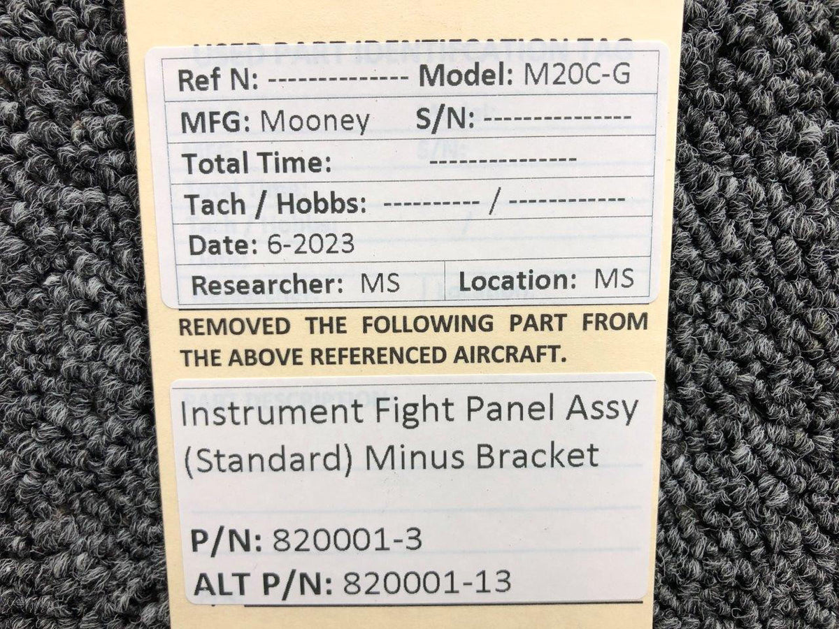 Mooney Aircraft Parts & Accessories 820001-3 (Alt: 820001-13) Mooney M20C-G Instrument Flight Panel (Minus Bracket)