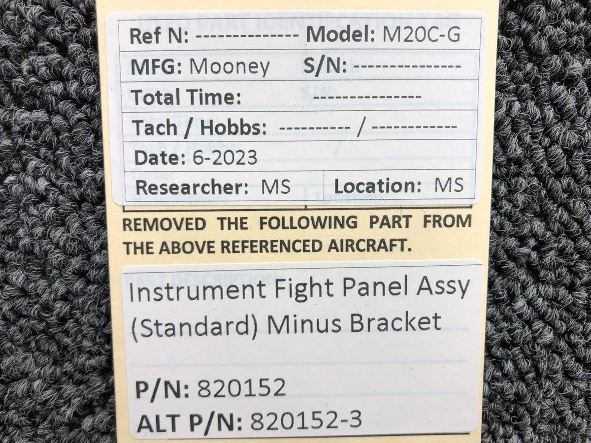 Mooney Aircraft Parts & Accessories 820152 (Alt: 820152-3) Mooney M20C-G Instrument Panel (Standard) (Minus Bracket)
