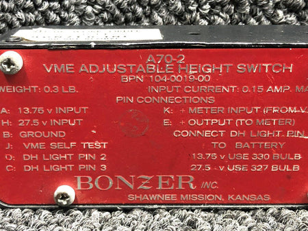Bonzer 104-0019-00 Bonzer Inc A70-2 VME Adjustable Height Switch (Volts: 14-28)