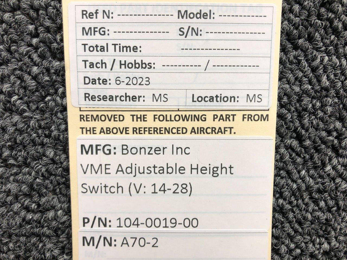 Bonzer 104-0019-00 Bonzer Inc A70-2 VME Adjustable Height Switch (Volts: 14-28)