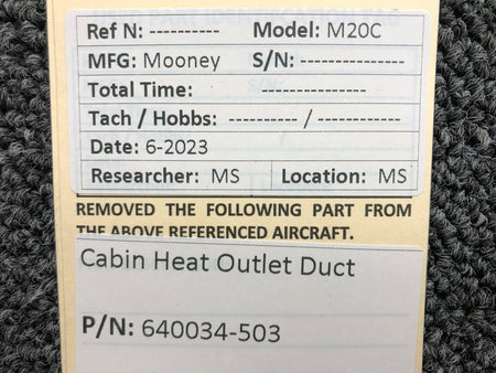 Mooney Aircraft Parts & Accessories 640034-503 Mooney M20C Cabin Heat Outlet Duct