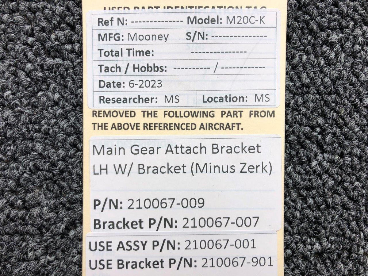 Mooney Aircraft Parts & Accessories 210067-009 (Use: 210067-001) Mooney Main Gear Attach Bracket LH (Minus Zerk)