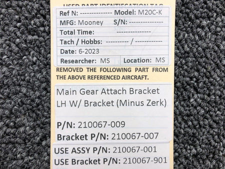 Mooney Aircraft Parts & Accessories 210067-009 (Use: 210067-001) Mooney Main Gear Attach Bracket LH (Minus Zerk)