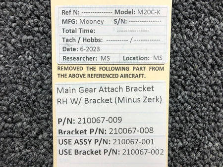 Mooney Aircraft Parts & Accessories 210067-009 (Use: 210067-001) Mooney Main Gear Attach Bracket RH (Minus Zerk)