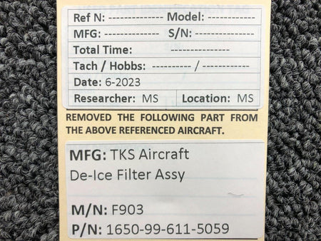 TKS 1650-99-611-5059 TKS Aircraft F903 De-Ice Filter Assembly