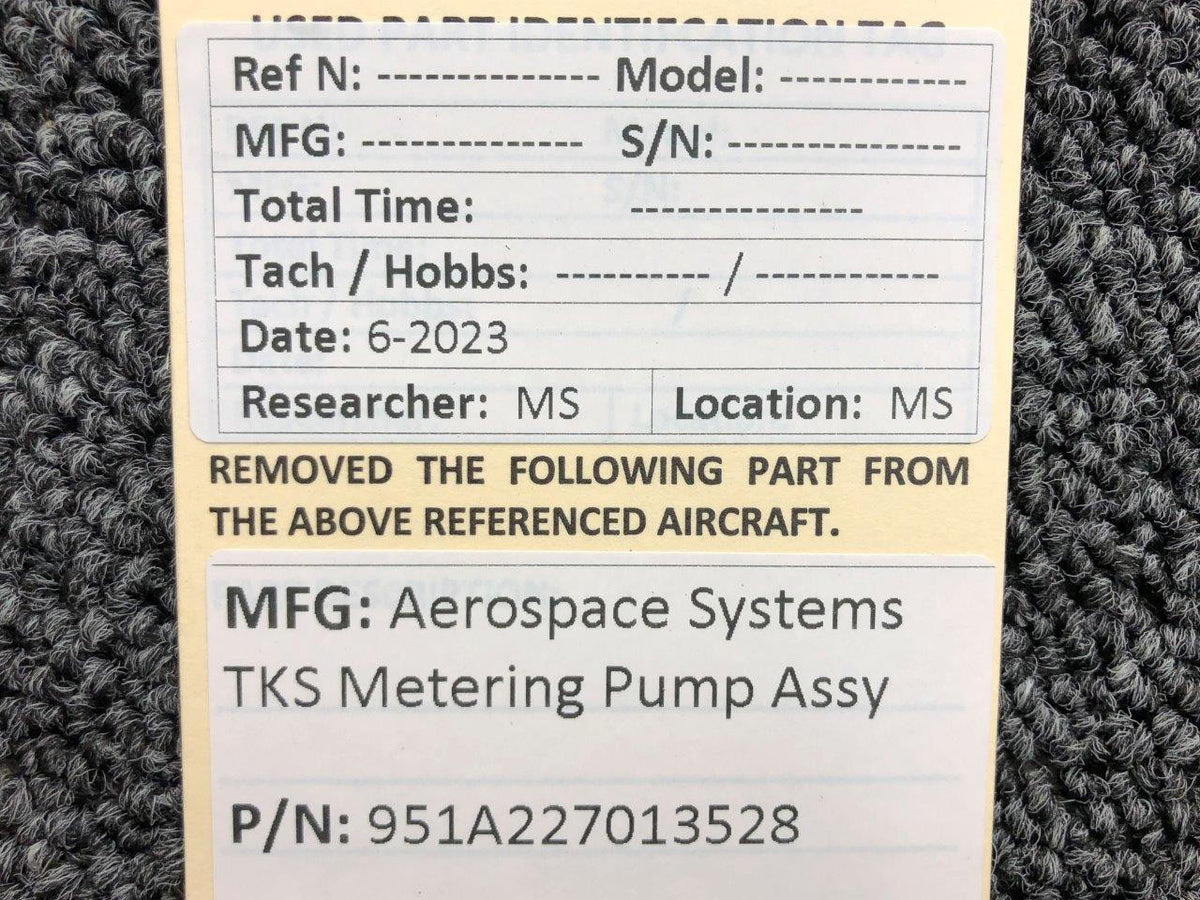 Aerospace 951A227013528 Aerospace Systems TKS Metering Pump Assembly