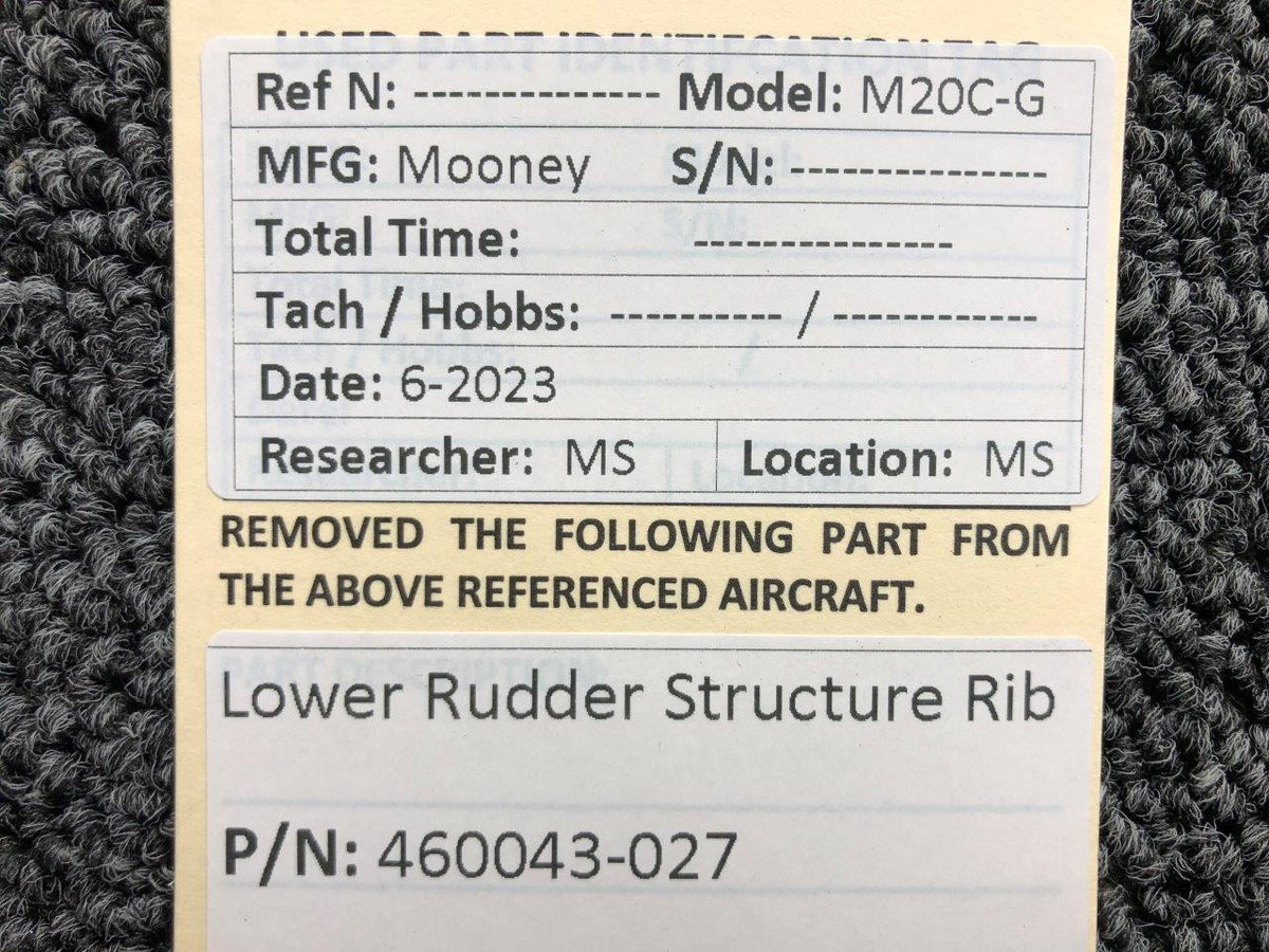 Mooney Aircraft Parts & Accessories 460043-027 Mooney M20C-G Lower Rudder Structure Rib
