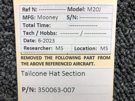 Mooney Aircraft Parts & Accessories 350063-007 Mooney M20J Tailcone Hat Section