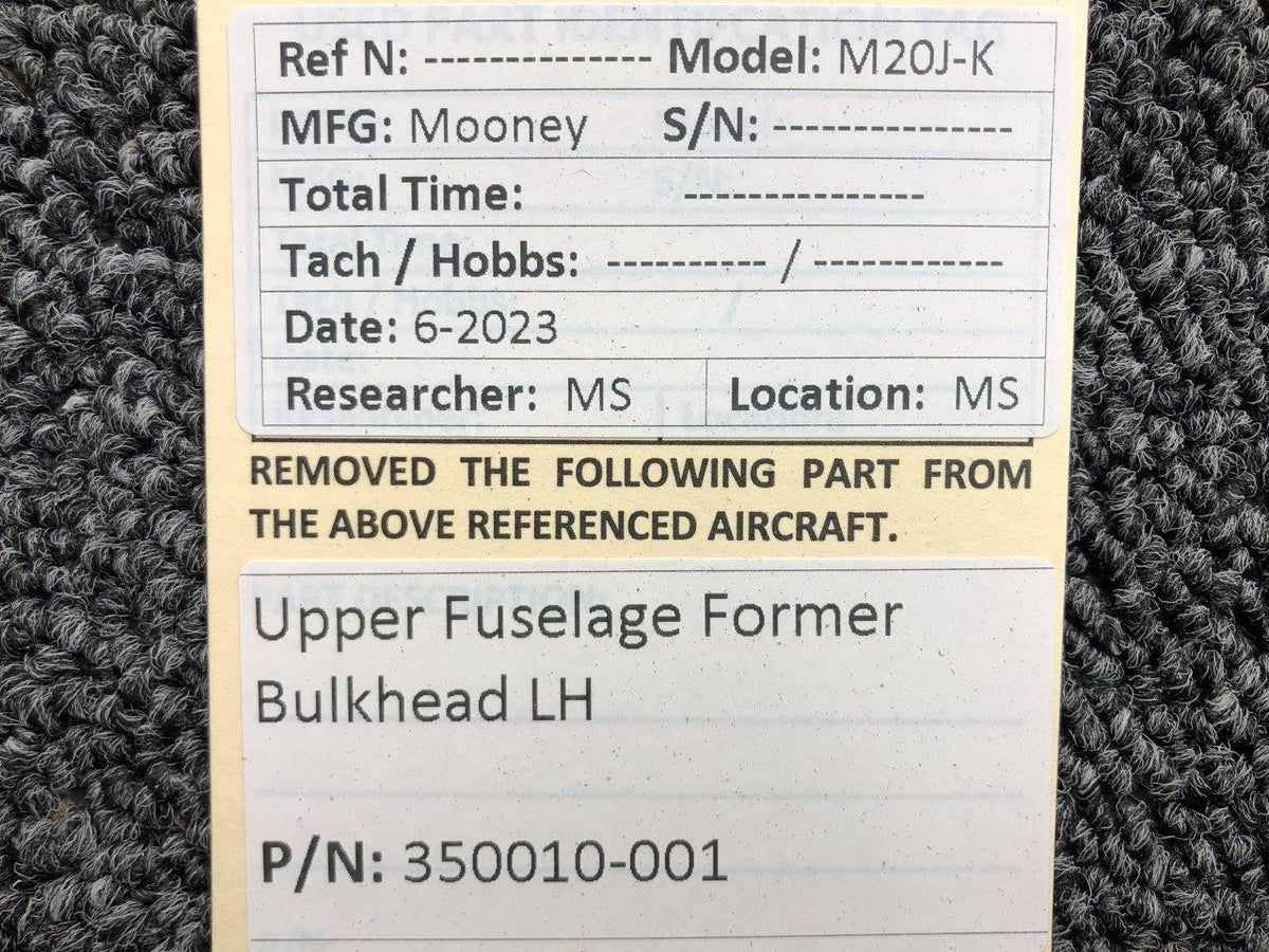 Mooney Aircraft Parts & Accessories 350010-001 Mooney M20J-K Upper Fuselage Former Bulkhead LH
