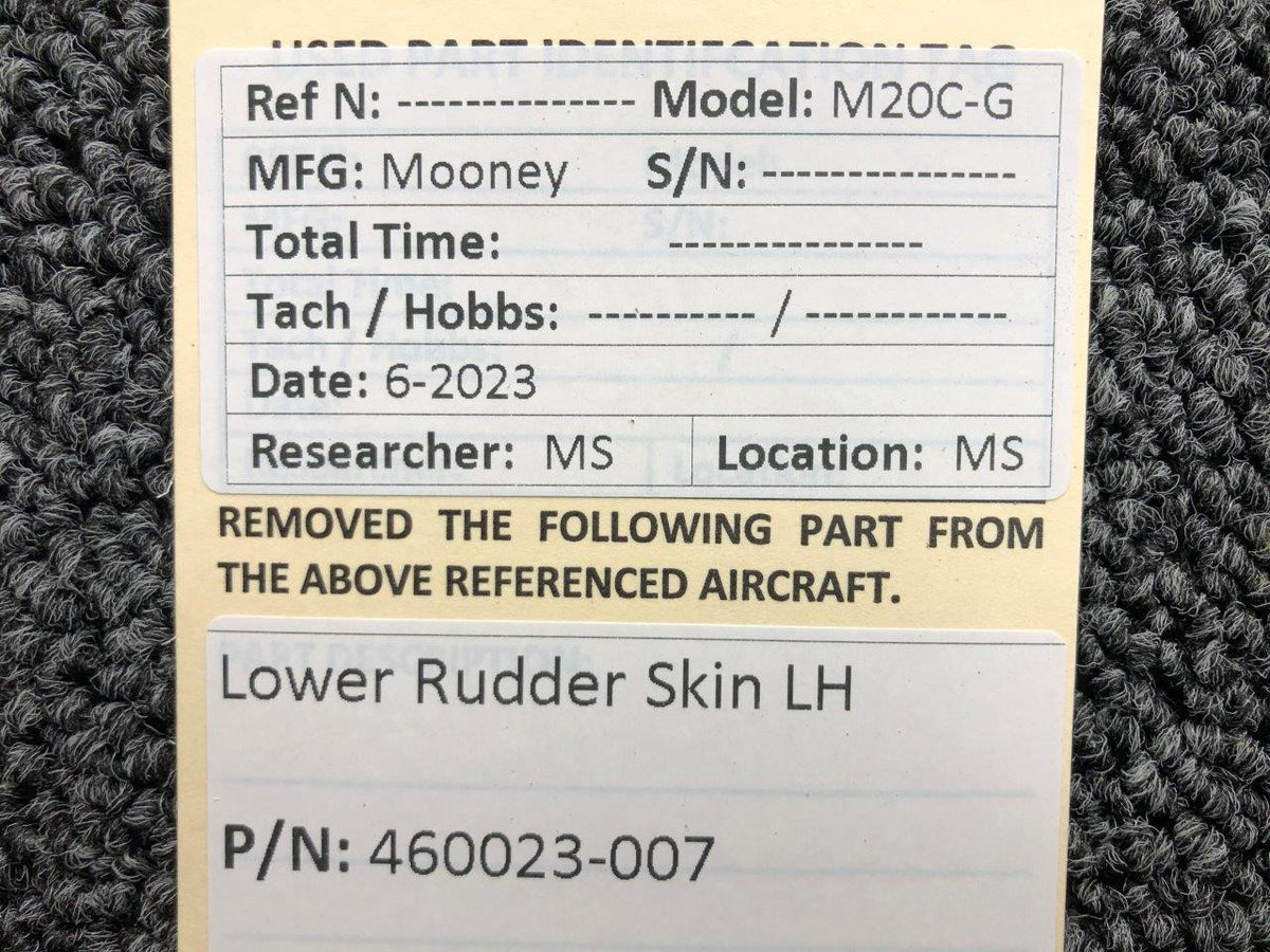 Mooney Aircraft Parts & Accessories 460023-007 Mooney M20C-G Lower Rudder Skin LH (Colored)