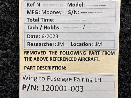Mooney Aircraft Parts & Accessories 120001-003 Mooney Wing to Fuselage Fairing LH