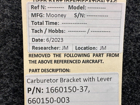 Mooney Aircraft Parts & Accessories 1660150-37, 660150-003 Mooney Carburetor Bracket with Lever