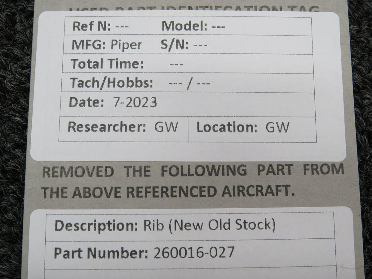 Piper Aircraft Parts 260016-027 Piper Rib (New Old Stock)