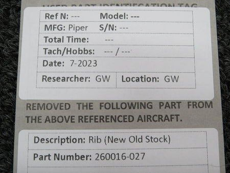 Piper Aircraft Parts 260016-027 Piper Rib (New Old Stock)