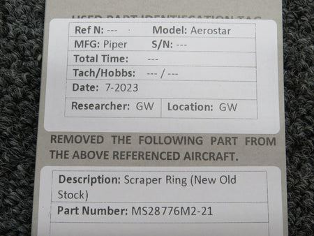 Piper Aircraft Parts MS28776M2-21 Piper Aerostar Scraper Ring (New Old Stock)