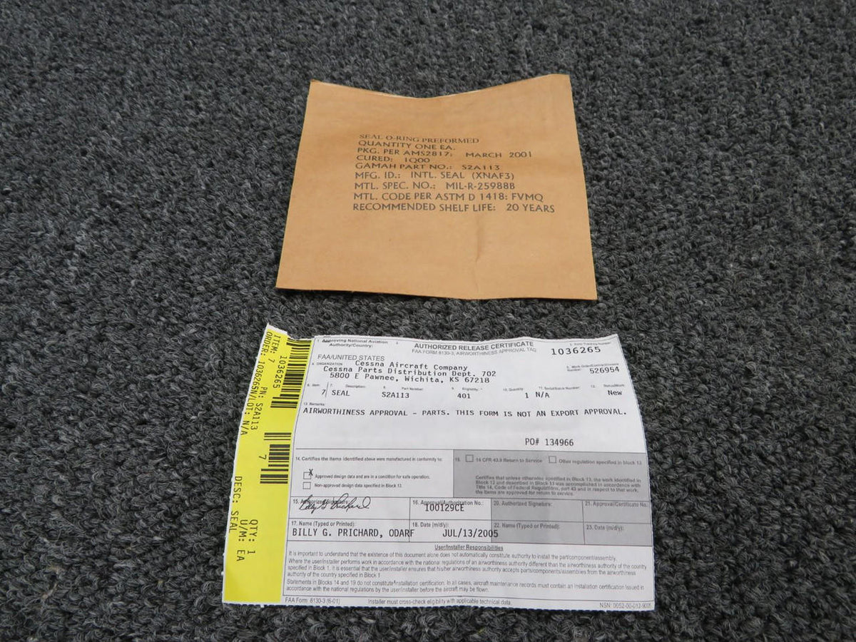 Cessna Aircraft Parts S2A113 Cessna 401 Seal with 8130-3 (New Old Stock)