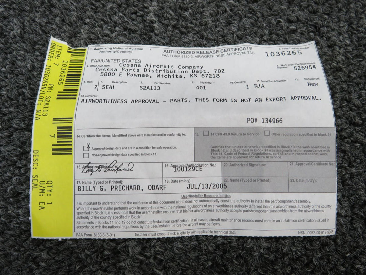 Cessna Aircraft Parts S2A113 Cessna 401 Seal with 8130-3 (New Old Stock)