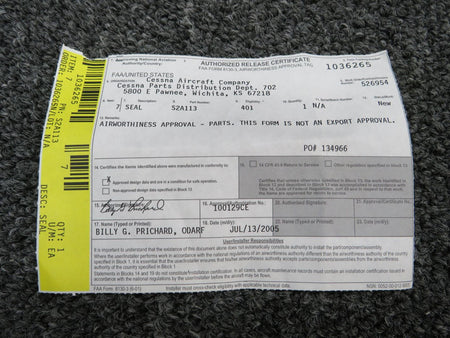 Cessna Aircraft Parts S2A113 Cessna 401 Seal with 8130-3 (New Old Stock)