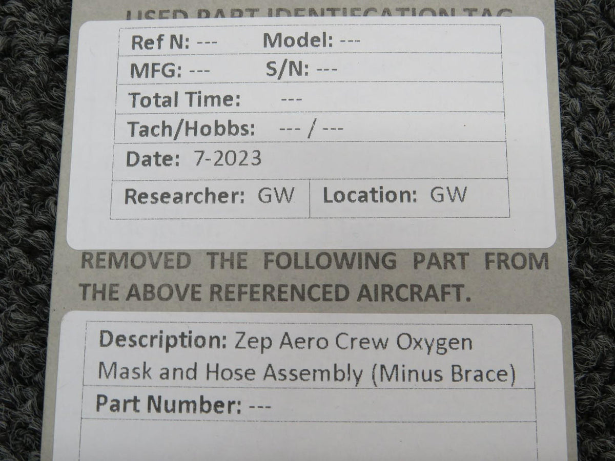 Zep Aero Crew Oxygen Mask and Hose Assembly (Minus Brace)