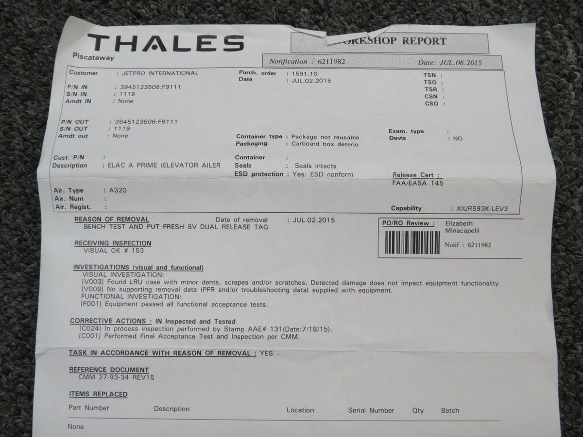 Thales 3945123506 Thales Elevator Aileron Computer with 8130-3 (Inspected)