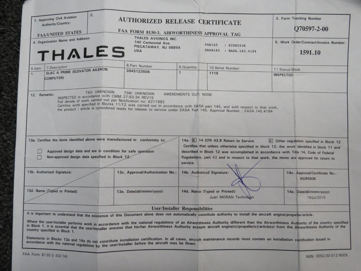Thales 3945123506 Thales Elevator Aileron Computer with 8130-3 (Inspected)