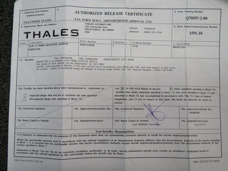 Thales 3945123506 Thales Elevator Aileron Computer with 8130-3 (Inspected)