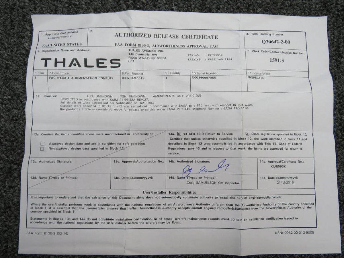 Thales B397BAM0513 Thales Flight Augmentation Computer with 8130-3 (Inspected)