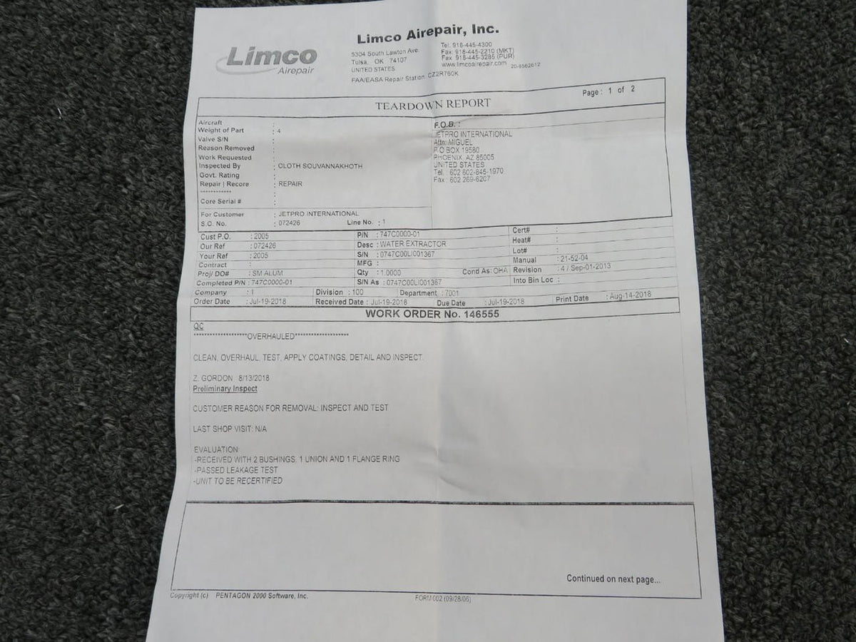 Liebherr 747C0000-01 Liebherr Water Extractor With 8130-3 (Overhauled)
