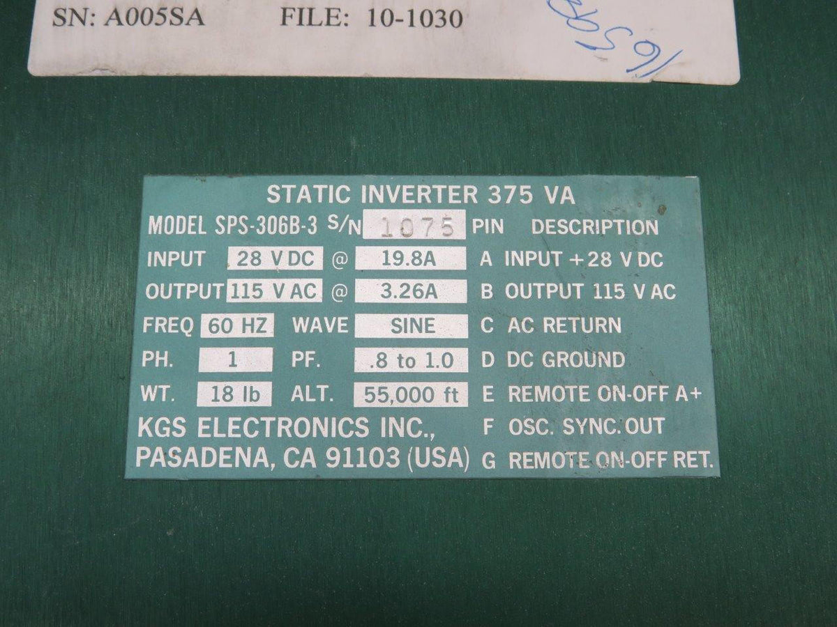 Bombardier SPS-306B-3 Bombardier 375 VA Static Inverter