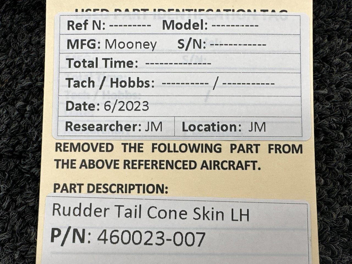 Mooney Aircraft Parts & Accessories 460023-007 Mooney Rudder Tail Cone Skin LH