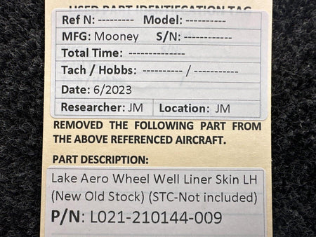 Lake Aero Styling L021-210144-009 Lake Aero Wheel Well Liner Skin LH (New Old Stock)