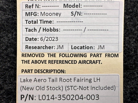 Lake Aero Styling L014-350204-003 Lake Aero Tail Root Fairing Skin LH (New Old Stock)