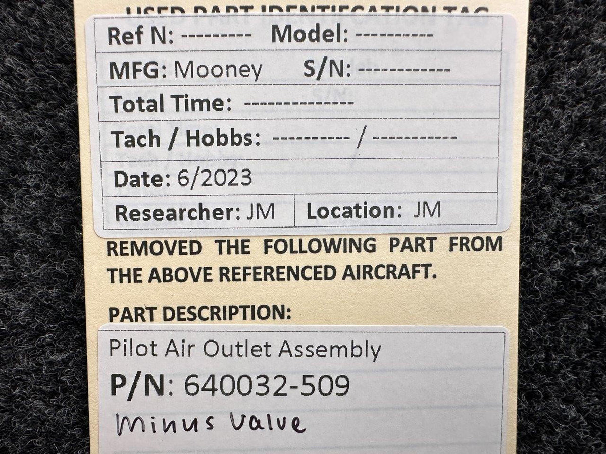 Mooney Aircraft Parts & Accessories 640032-509 Mooney Pilot’s Outlet Assembly (Minus Valve)