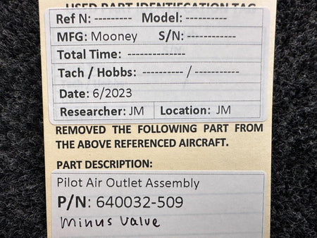 Mooney Aircraft Parts & Accessories 640032-509 Mooney Pilot’s Outlet Assembly (Minus Valve)