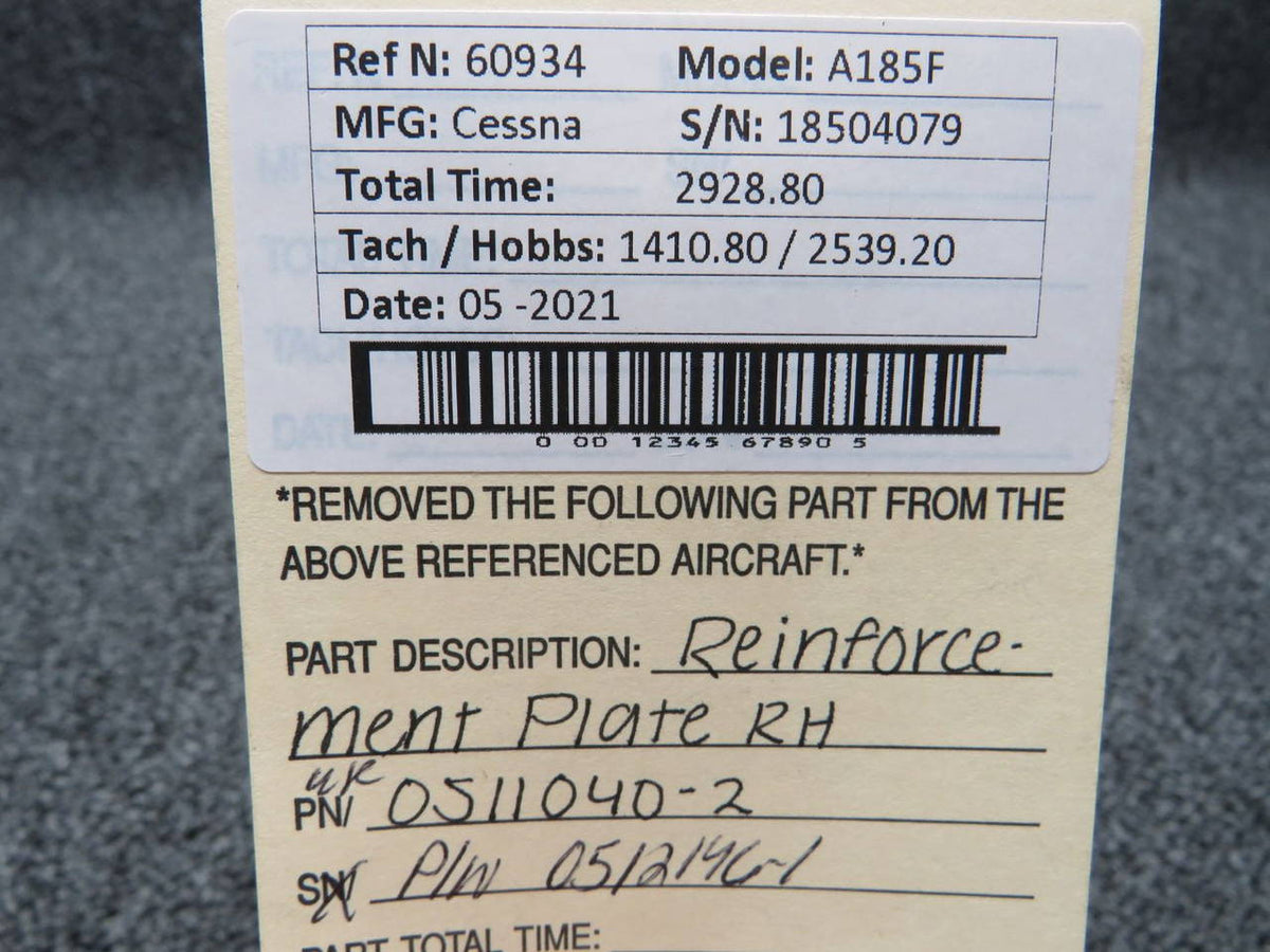 0512146-1 (Use: 0511040-2) Cessna A185F RH Plate Reinforcement BAS Part Sales | Airplane Parts