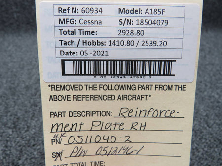0512146-1 (Use: 0511040-2) Cessna A185F RH Plate Reinforcement BAS Part Sales | Airplane Parts