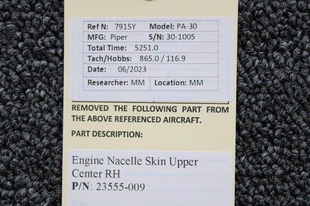 Piper Aircraft Parts 23555-009 Piper PA30 Engine Nacelle Skin Upper Center RH