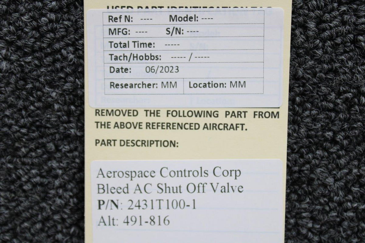 Aerospace 2431T100-1 (Alt: 491-816) Aerospace Controls Corp Bleed AC Shut Off Valve