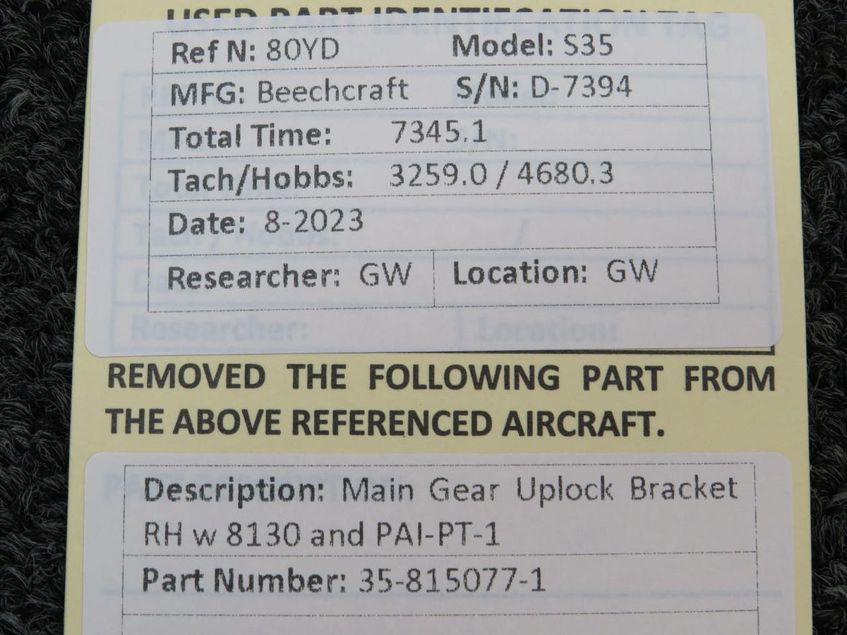Beechcraft Parts 35-815077-1 Beechcraft S35 Main Gear Uplock Bracket RH with 8130 and PAI-PT-1