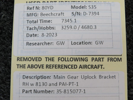 Beechcraft Parts 35-815077-1 Beechcraft S35 Main Gear Uplock Bracket RH with 8130 and PAI-PT-1