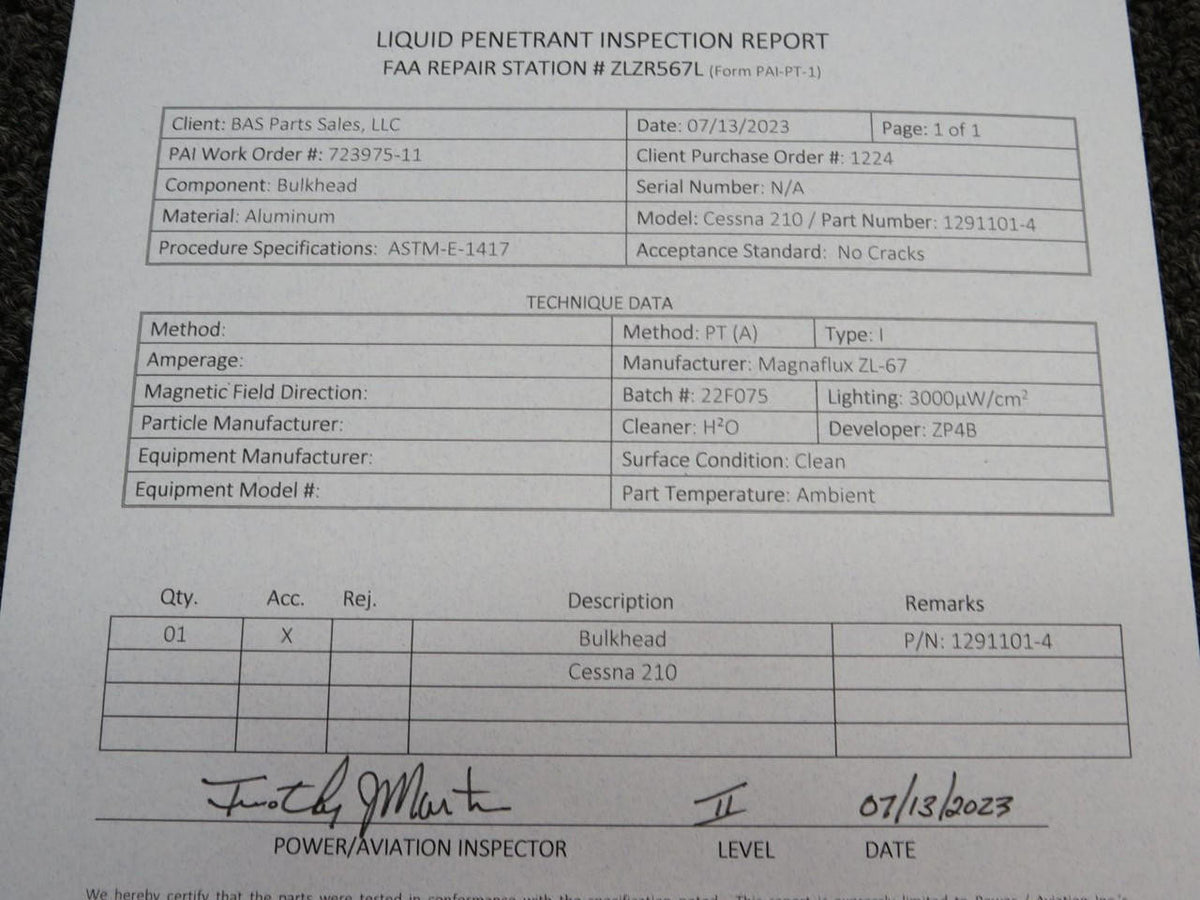 Cessna Aircraft Parts 1291101-4 Cessna 210 Bulkhead with 8130-3 and PAI-PT-1 (Zinc Chromated)