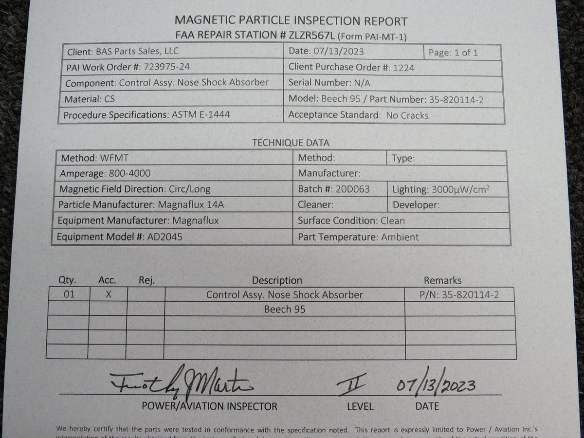 Beechcraft Parts 35-820114-2 Beechcraft 95 Nose Shock Absorber Control with 8130 and PAI-MT-1