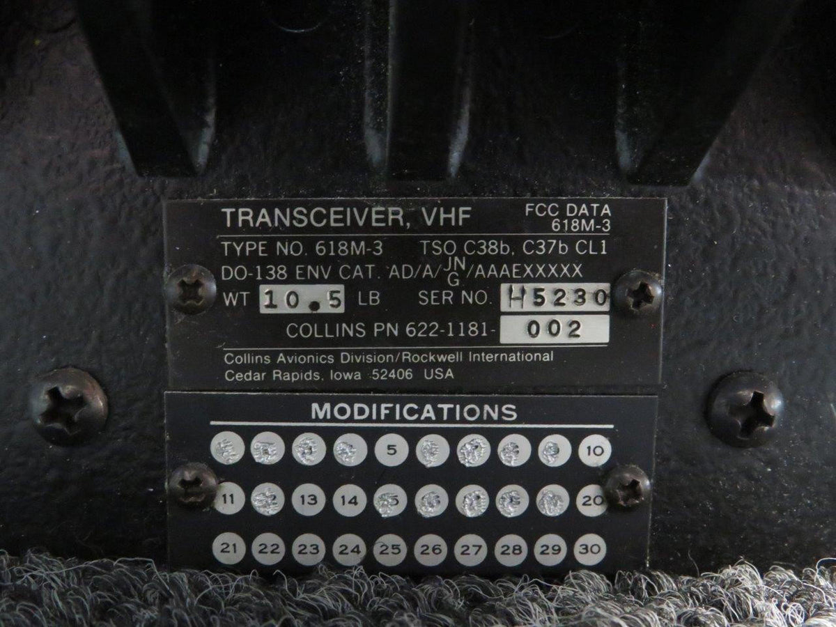 Collins 622-1181-002 Collins 618M-3 VHF Transceiver w Mods