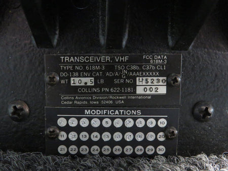 Collins 622-1181-002 Collins 618M-3 VHF Transceiver w Mods